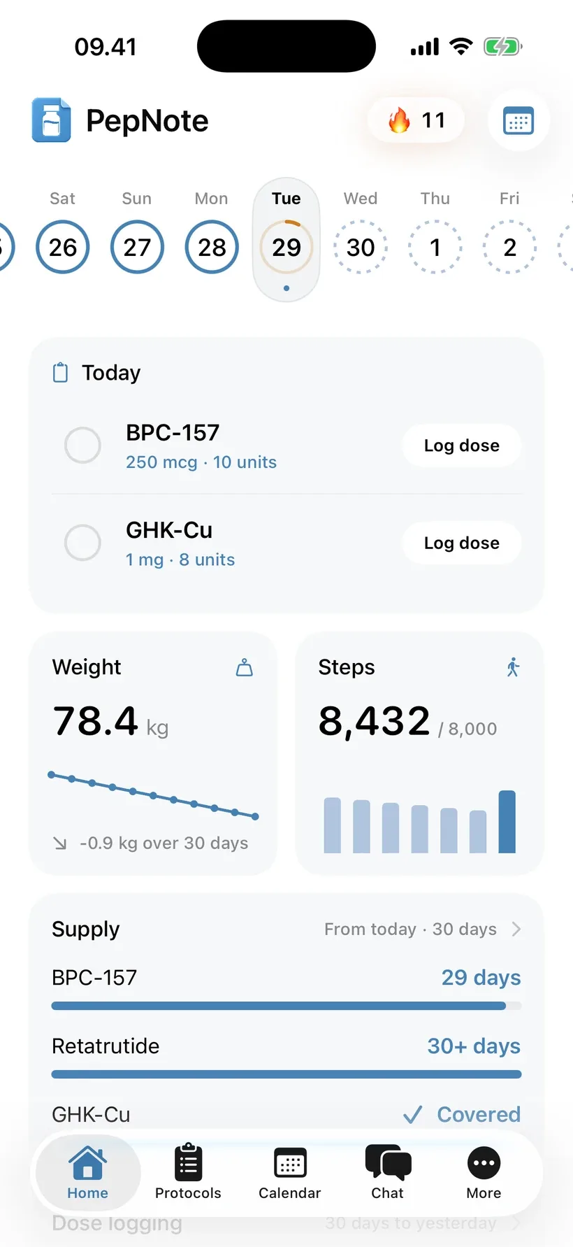 PepNote Home with daily dose logging, weight and steps. Example data.