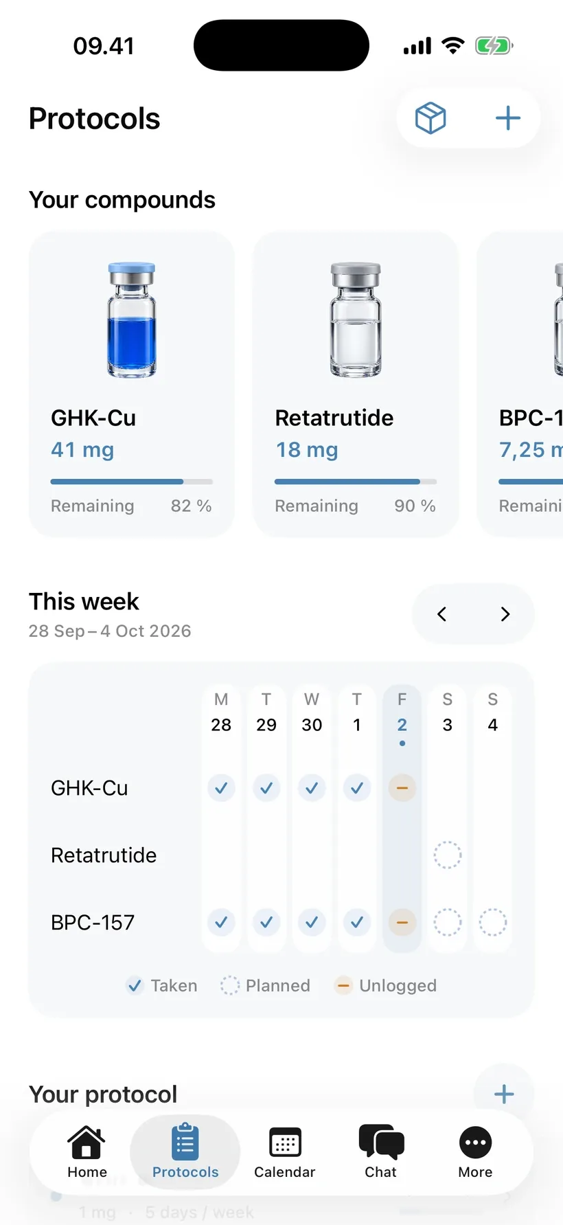 PepNote Protocols with the blue GHK-Cu vial first, remaining supply, and the weekly schedule. Example data.